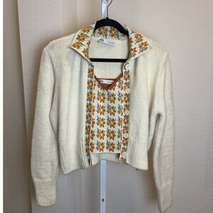 Zara Womens Sweater Cardigan Cream Orange Camisole Flower Two Piece Medium